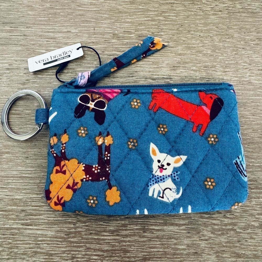 Vera Bradley Bark Park Dog Print Blue Zip ID Case Coin Purse